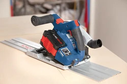 Bosch cordless track saw mounted on a guide rail over wood, featuring BITURBO Brushless motor and CORE18V battery for precision straight cuts.