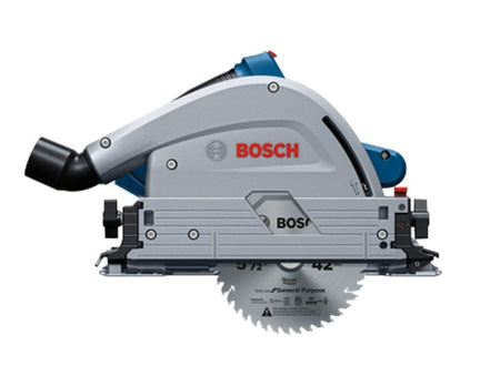 Bosch track saw with labeled 6-1/2 inch, 42-tooth blade, dust port, and guide rail system for accurate straight cuts in wood and sheet goods.
