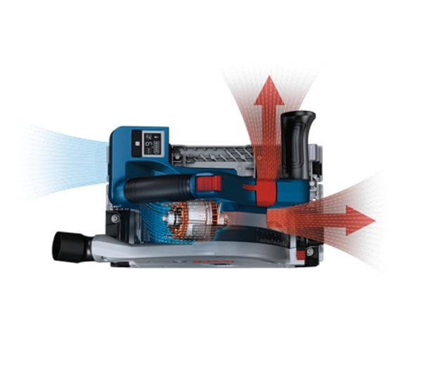 Diagram of electric planer showing airflow direction with arrows for cooling intake and dust exhaust, highlighting internal dust management.
