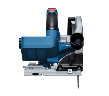 Bosch plunge saw with visible circular blade, dust extraction port, and control handle, designed for accurate cuts in wood and sheet materials