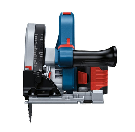 Side view of Bosch circular saw showing depth adjustment scale, blade guard, and ergonomic handle for controlled precision cutting.