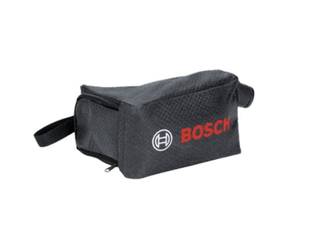 Black Bosch dust collection bag with nozzle attachment and carrying strap, designed for use with Bosch power tools to manage debris.