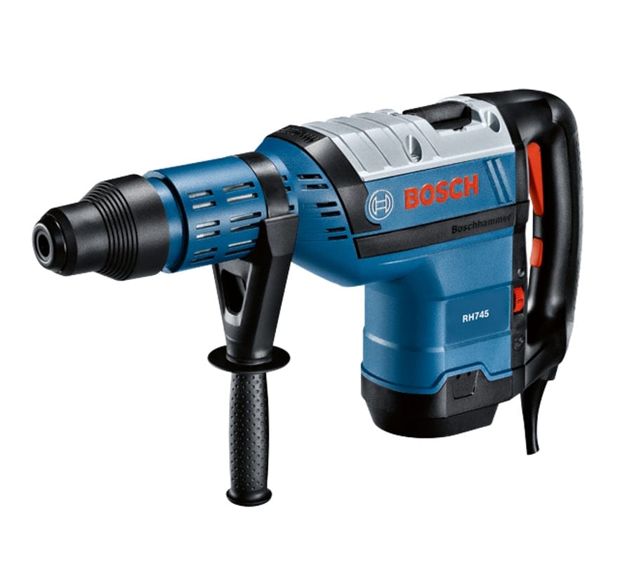 A three-quarter profile studio shot of the Bosch RH745 SDS-max rotary hammer with its auxiliary handle attached.