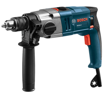 Side profile view of the Bosch HD18-2 hammer drill with the auxiliary handle and depth gauge attached.