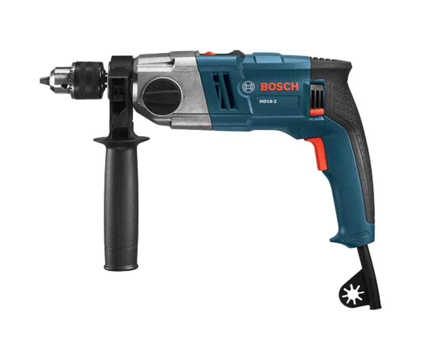 The Bosch HD18-2 hammer drill shown at an angle with its auxiliary handle and depth gauge attached.