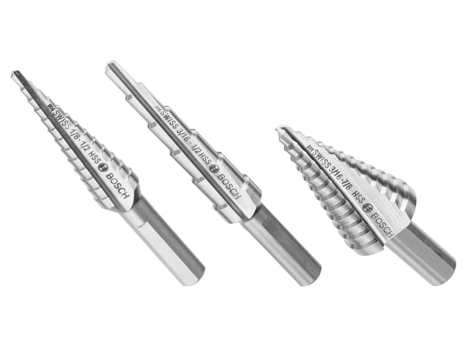 A studio shot of the three different Bosch HSS Turbo step drill bits included in the SDC30 set.