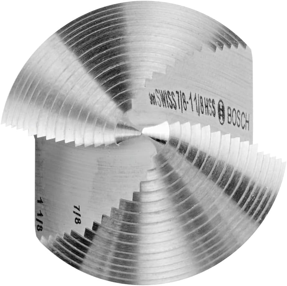 A close-up, abstract macro view of the dual spiral flutes and cutting edges of a Bosch HSS Turbo step drill bit.