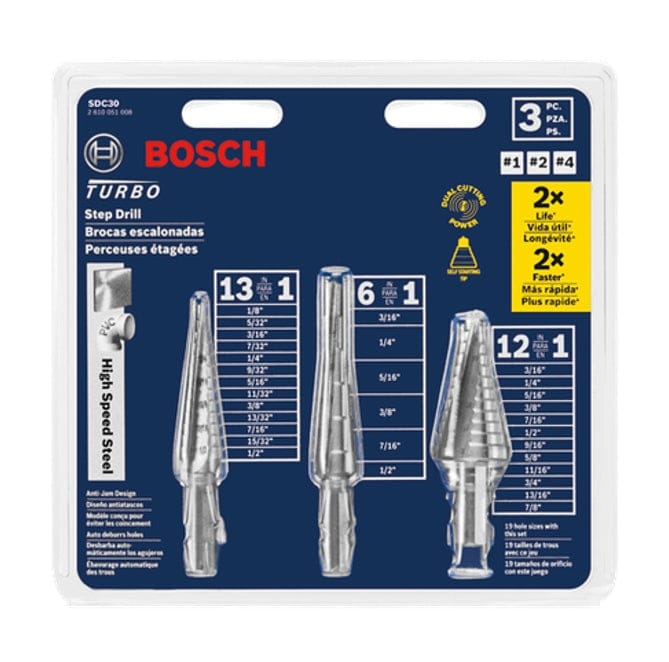 The retail packaging for the Bosch SDC30 3-piece Turbo Step Drill Bit set, showing the three bits and their corresponding hole sizes.