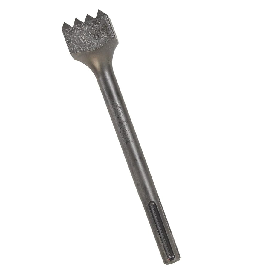 Close-up of a Bosch SDS-max bushing tool with a 16-tooth head, designed for mechanical use in texturing concrete, stone, or asphalt surfaces.