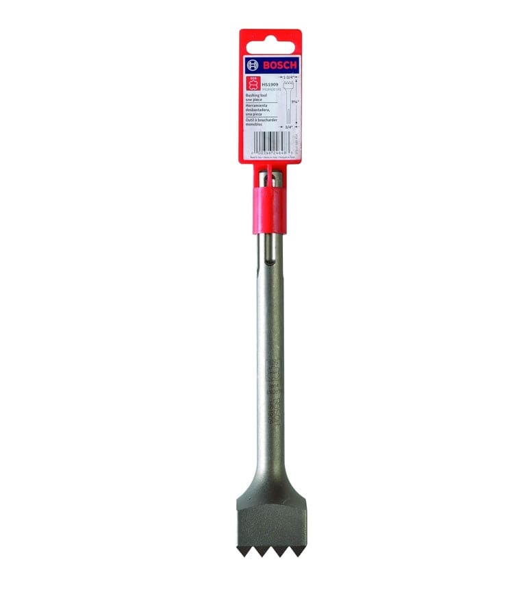 Bosch wide flat chisel with toothed edge and red plastic holder, used for aggressive material removal in masonry and tile work.