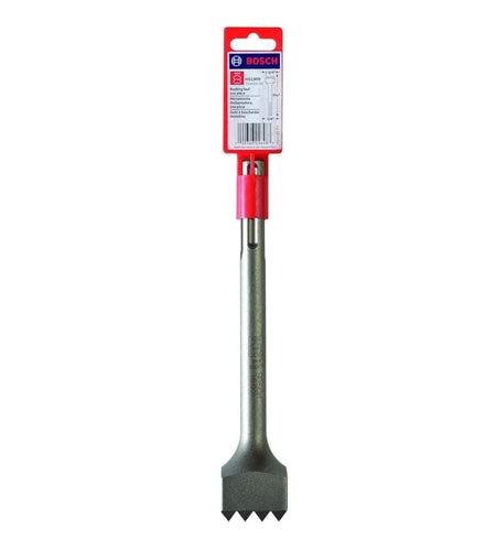 Bosch wide flat chisel with toothed edge and red plastic holder, used for aggressive material removal in masonry and tile work.