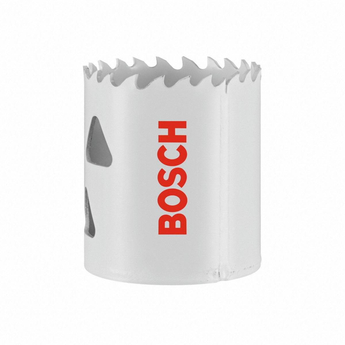 Studio view of the white Bosch HB169 bi-metal hole saw featuring red logo text and triangular side slots.