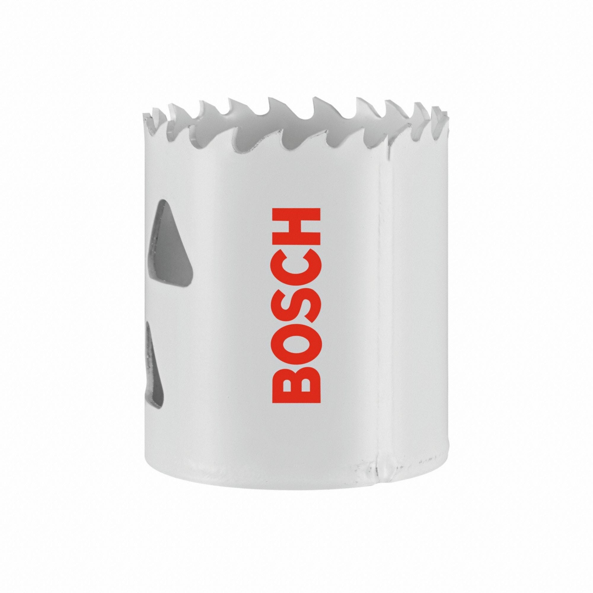Studio view of the white Bosch HB169 bi-metal hole saw featuring red logo text and triangular side slots.