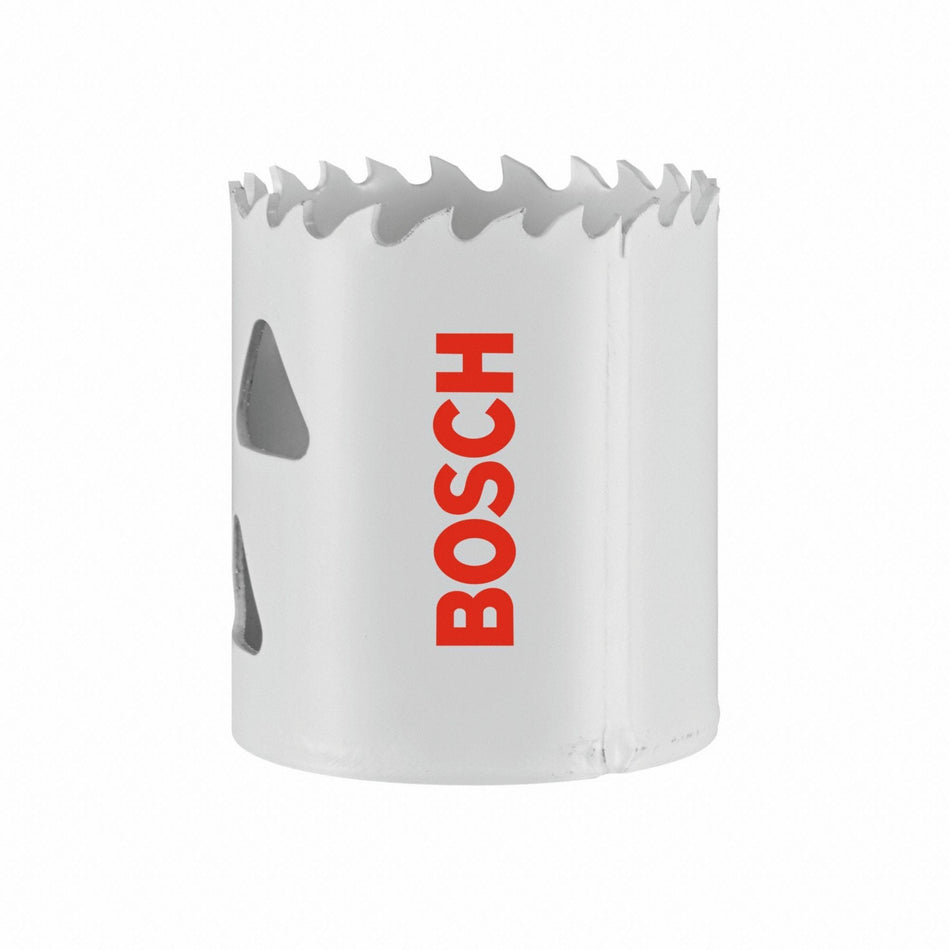 Studio view of the white Bosch HB169 bi-metal hole saw featuring red logo text and triangular side slots.