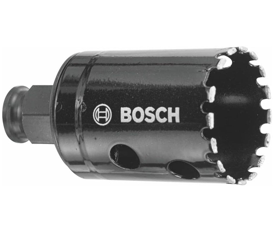 Studio view of the black Bosch 1-1/2 inch diamond grit hole saw featuring a segmented cutting rim and side ejection slots.