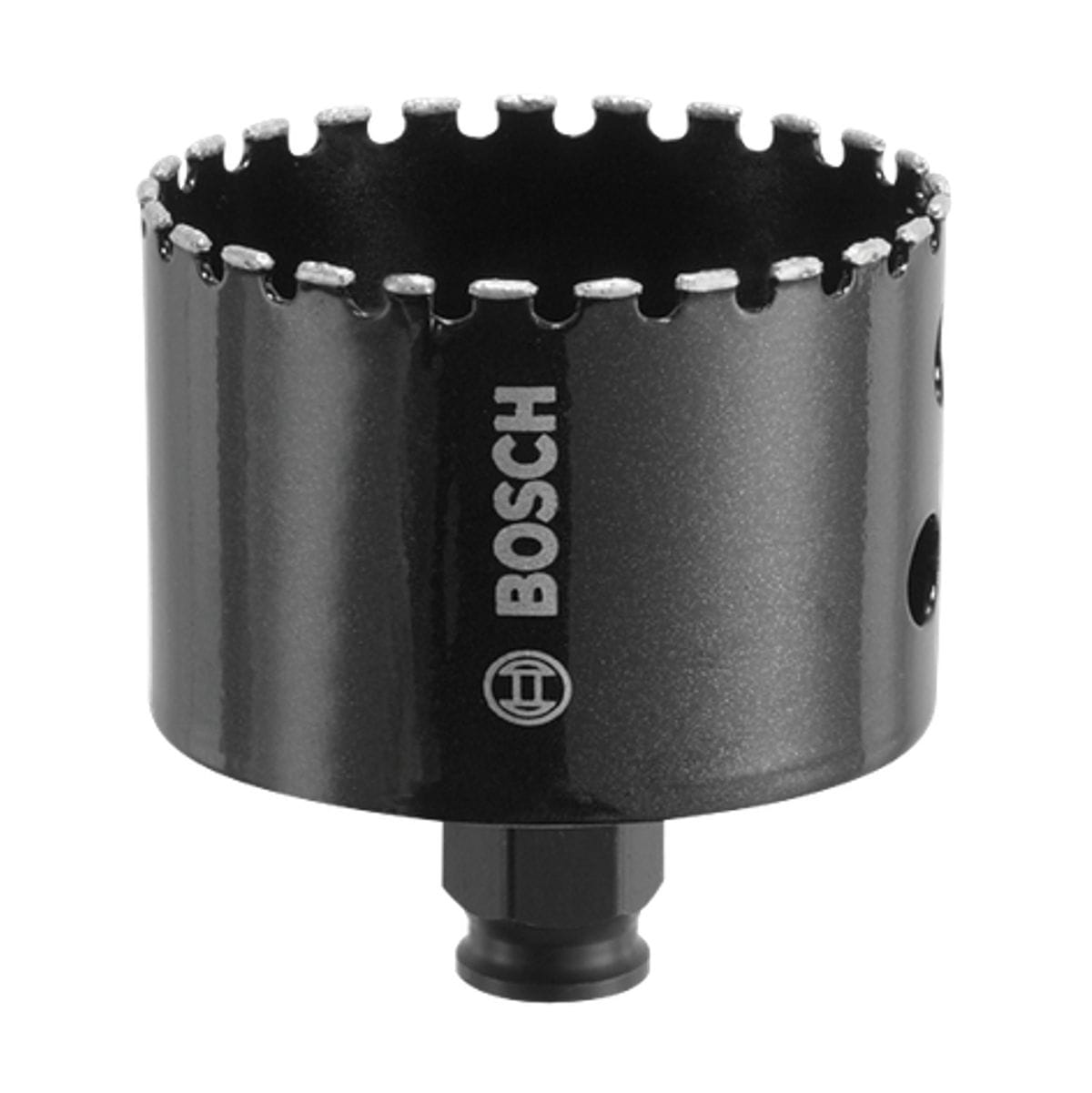 Studio view of the black Bosch 1-1/2 inch diamond grit hole saw featuring a segmented cutting rim and side ejection slots.