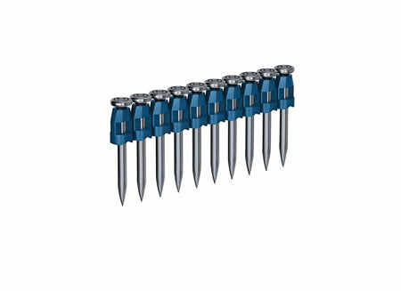 Bosch collated nail strip with evenly spaced fasteners held together by a blue plastic casing. Each nail has a flat head and pointed tip, optimized for automated feeding into a concrete nailer for framing or construction use.