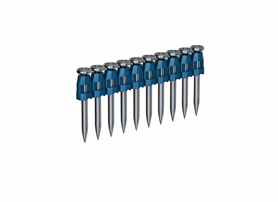 Bosch collated nail strip with evenly spaced fasteners held together by a blue plastic casing. Each nail has a flat head and pointed tip, optimized for automated feeding into a concrete nailer for framing or construction use.