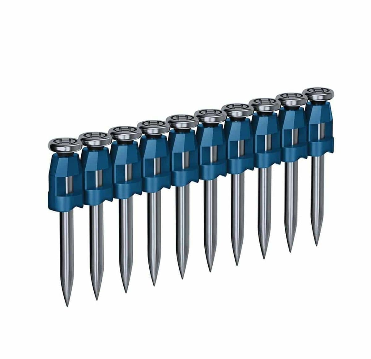 Bosch collated nail strip with evenly spaced fasteners held together by a blue plastic casing. Each nail has a flat head and pointed tip, optimized for automated feeding into a concrete nailer for framing or construction use.