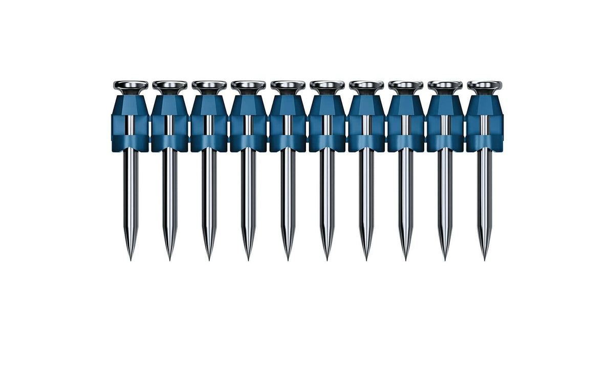 Strip of Bosch collated masonry nails held together by a blue plastic strip. Each nail has a smooth shank, round head, and sharp tip, designed for use in nail guns for efficient concrete or framing applications.