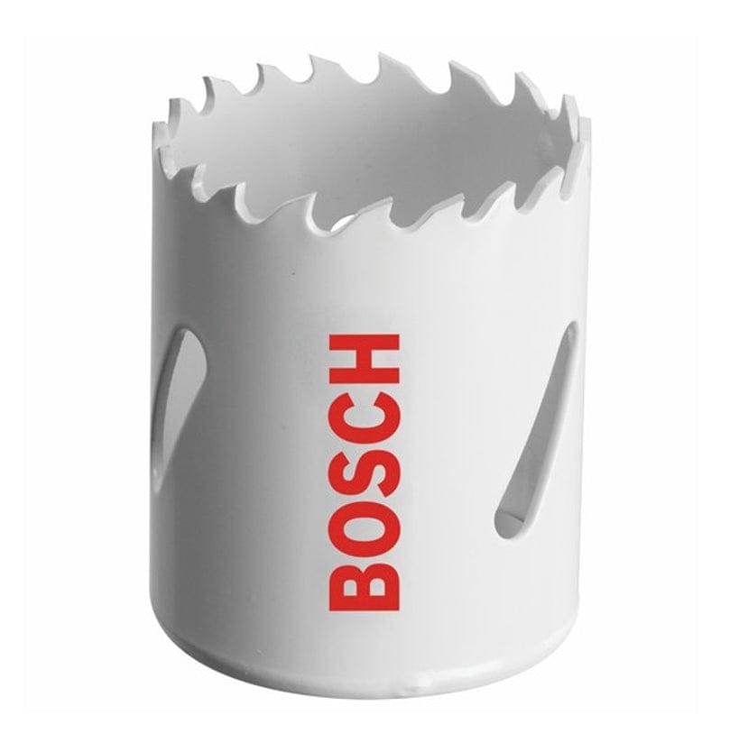 Studio view of the white Bosch HB156 bi-metal hole saw featuring red logo text and triangular side slots.