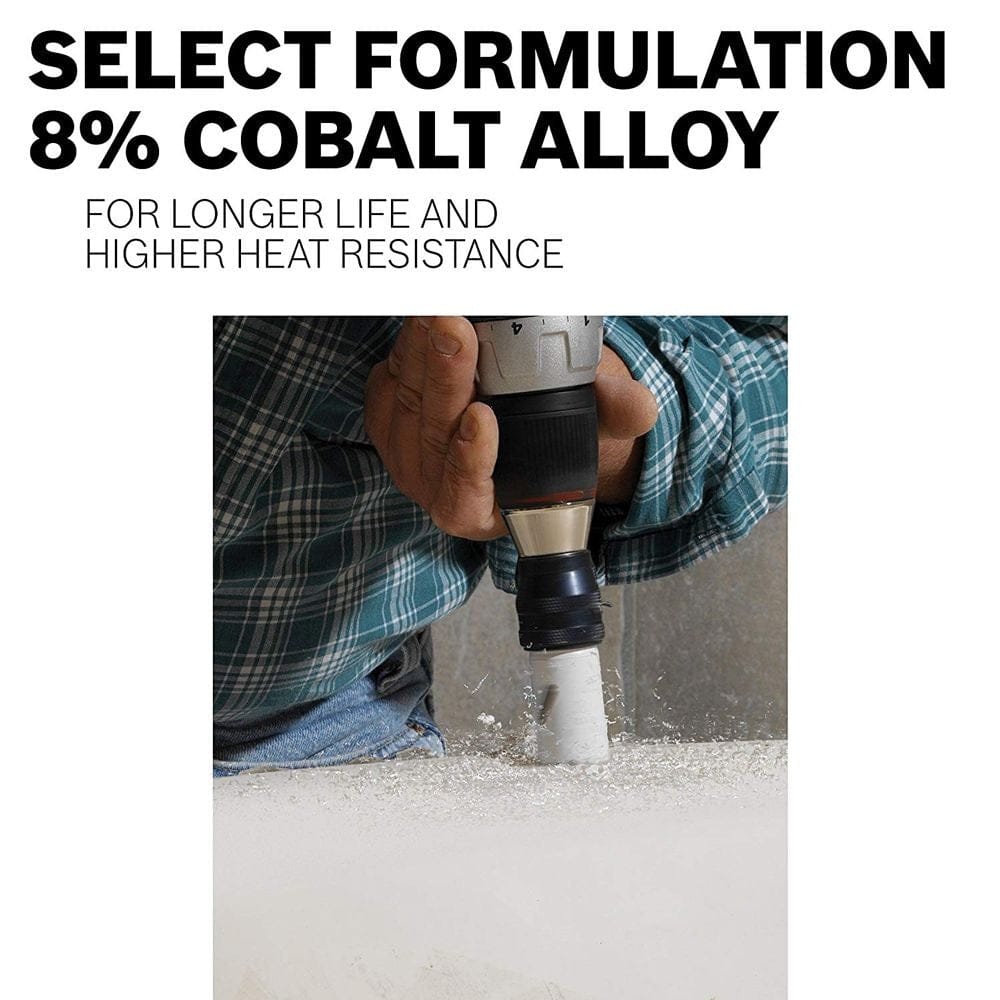Action shot of a worker using the hole saw to drill into a white surface, with text highlighting the 8% Cobalt Alloy formulation for heat resistance.