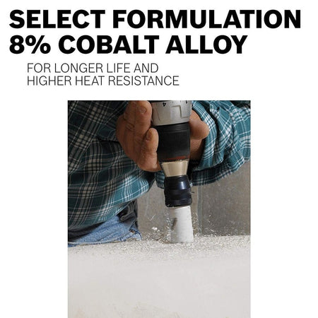 Action shot of a worker using the hole saw to drill into a white surface, with text highlighting the 8% Cobalt Alloy formulation for heat resistance.
