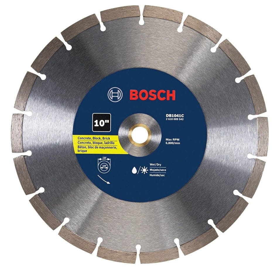 Front view of Bosch DB1041C 10-inch segmented diamond blade with product branding, multilingual usage labels, and max RPM of 6,800; designed for wet or dry cutting of masonry materials.