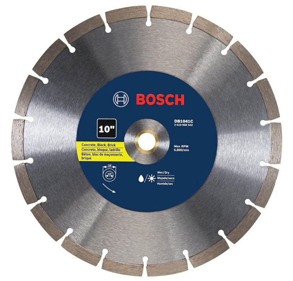 Front view of Bosch DB1041C 10-inch segmented diamond blade with product branding, multilingual usage labels, and max RPM of 6,800; designed for wet or dry cutting of masonry materials.