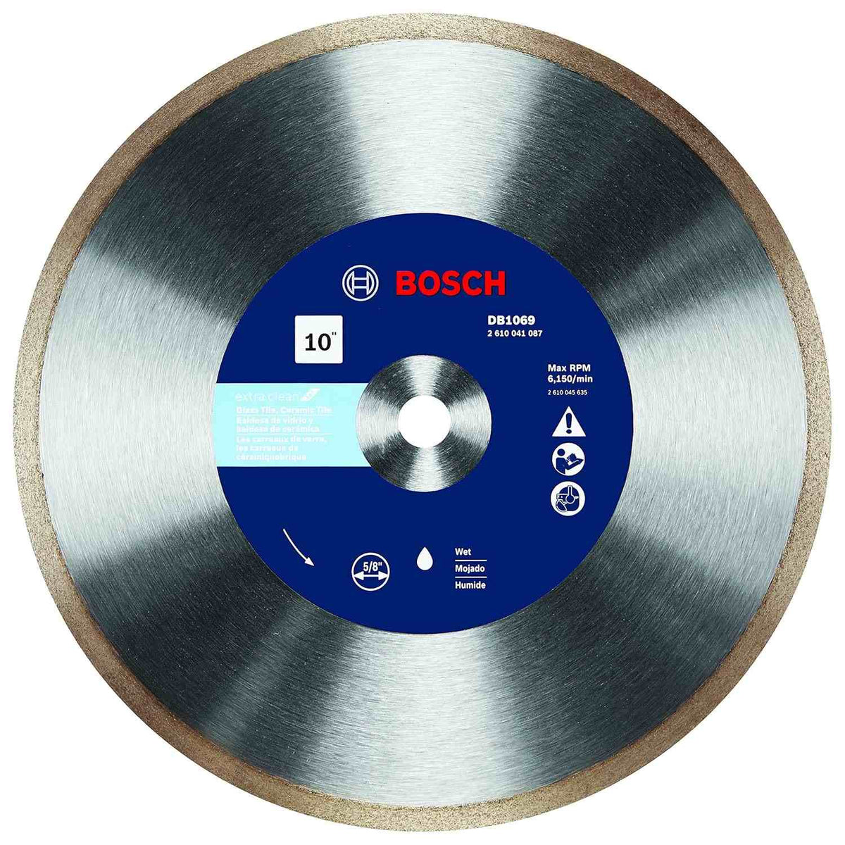 A Bosch 10 inch Rapido premium continuous rim diamond blade for wet cutting glass and ceramic tile featuring a 5/8 inch arbor and 6,150 max RPM.