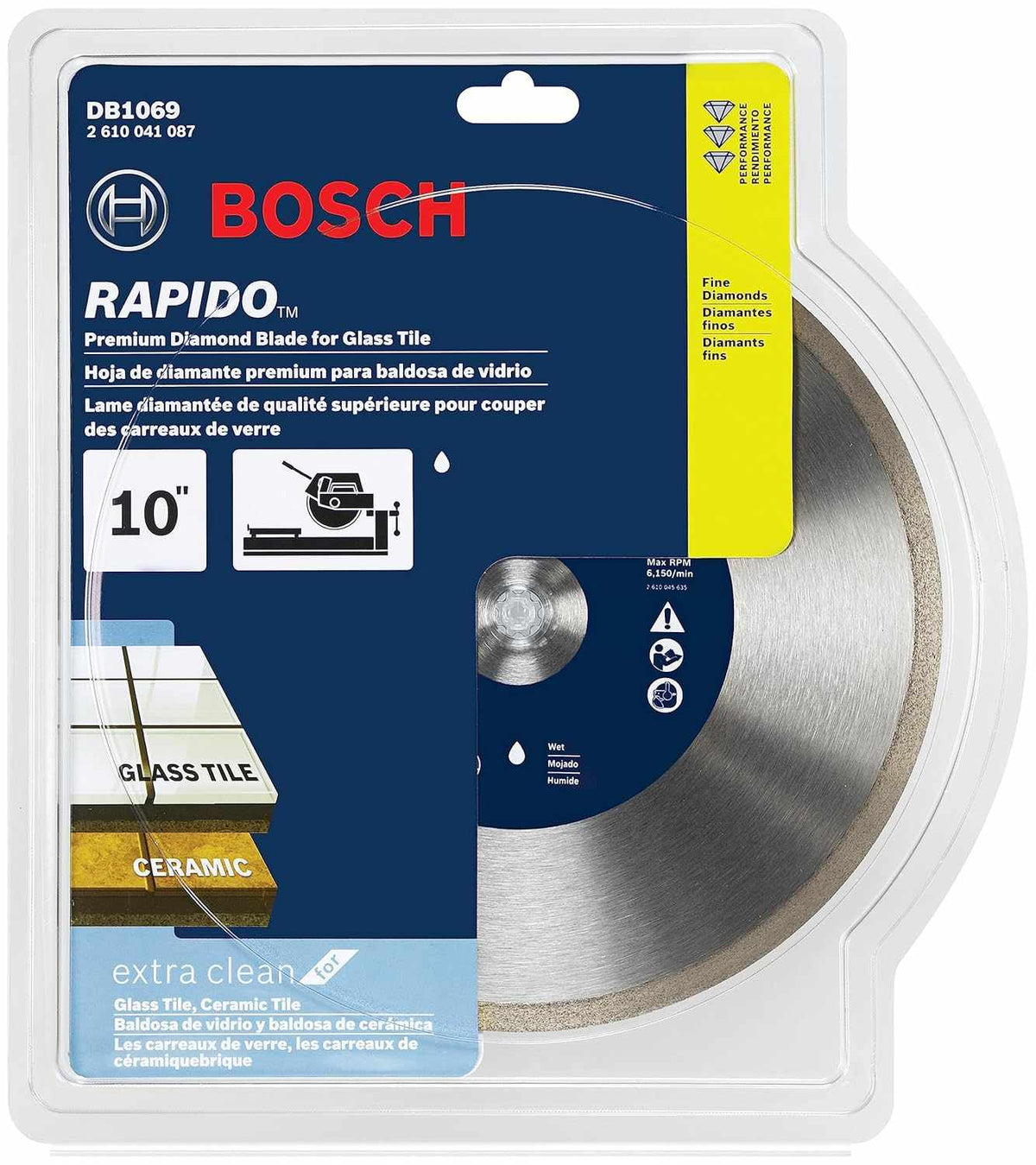 Retail packaging for the Bosch DB1069 Rapido diamond blade highlighting extra clean cuts for glass tile and ceramic with fine diamond grit and a tensioned steel core.