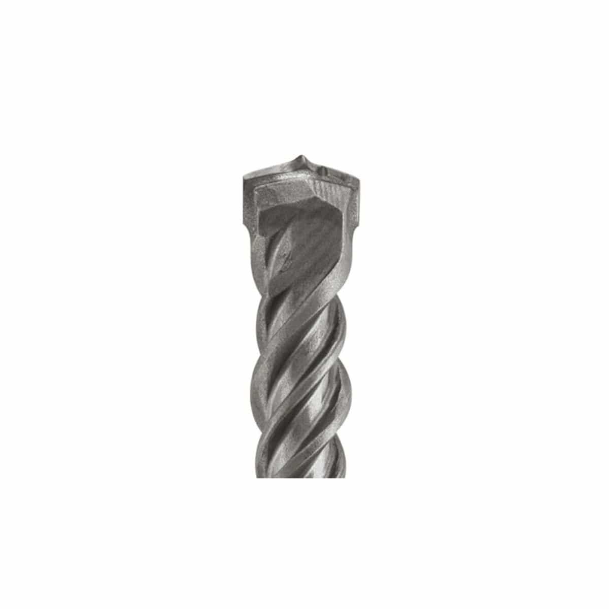 A high-resolution close-up product image showcasing the cutting end of a Bosch SDS-Plus Bulldog rotary hammer drill bit, emphasizing the sharp two-cutter head configuration with a distinct precision centering tip and deeply machined parabolic flutes designed for fast concrete dust extraction.