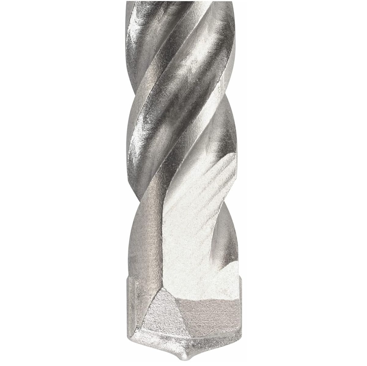 An extreme close-up macro view detailing the durable forging, smooth parabolic flute transitions, and the industrial carbide-tipped two-cutter head geometry of a Bosch SDS-Plus Bulldog concrete anchor drill bit.