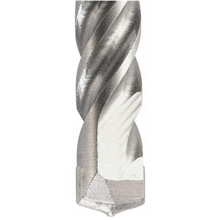 An extreme close-up macro view detailing the durable forging, smooth parabolic flute transitions, and the industrial carbide-tipped two-cutter head geometry of a Bosch SDS-Plus Bulldog concrete anchor drill bit.