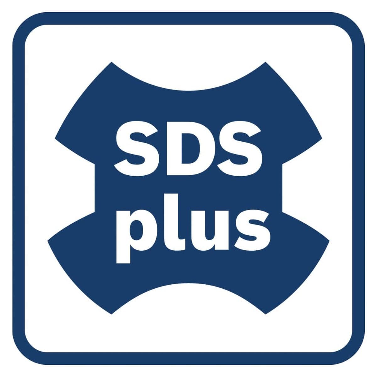 A square graphic emblem displaying the official white SDS-Plus logo over a dark blue stylized chuck silhouette, enclosed within a blue border on a solid white background, signifying universal compatibility with quick-change rotary hammer tools.