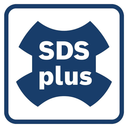 A square graphic emblem displaying the official white SDS-Plus logo over a dark blue stylized chuck silhouette, enclosed within a blue border on a solid white background, signifying universal compatibility with quick-change rotary hammer tools.