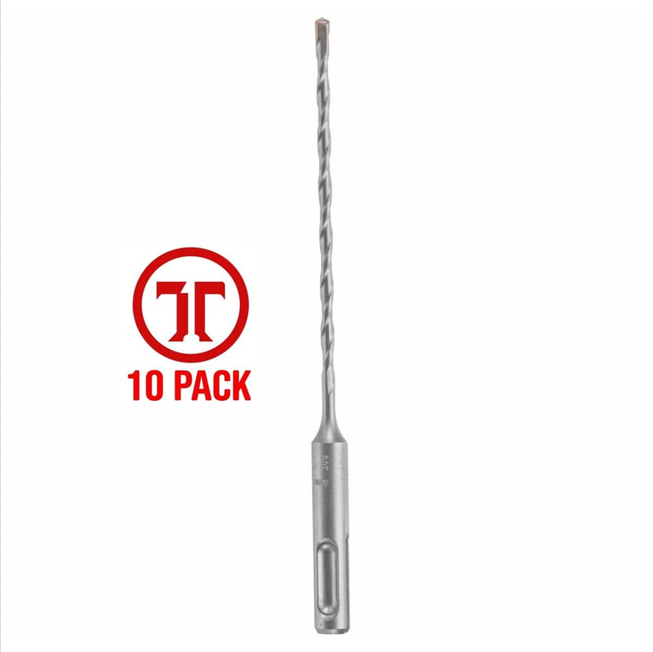 A vertical Bosch SDS-Plus Bulldog rotary hammer drill bit displayed next to a circular red and white corporate logo graphic featuring a stylized red icon and red text reading 10 PACK, representing a wholesale contractor multi-pack bundle optimized for high-volume masonry anchoring and concrete boring jobsites.