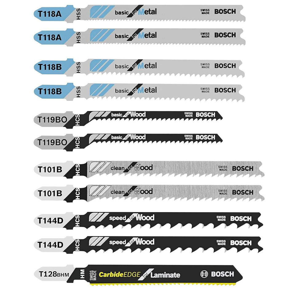 Studio view of the eleven-piece Bosch jigsaw blade set arranged in a column, displaying two T118A, two T118B, two T119BO, two T101B, two T144D, and one T128BHM carbide laminate blade.