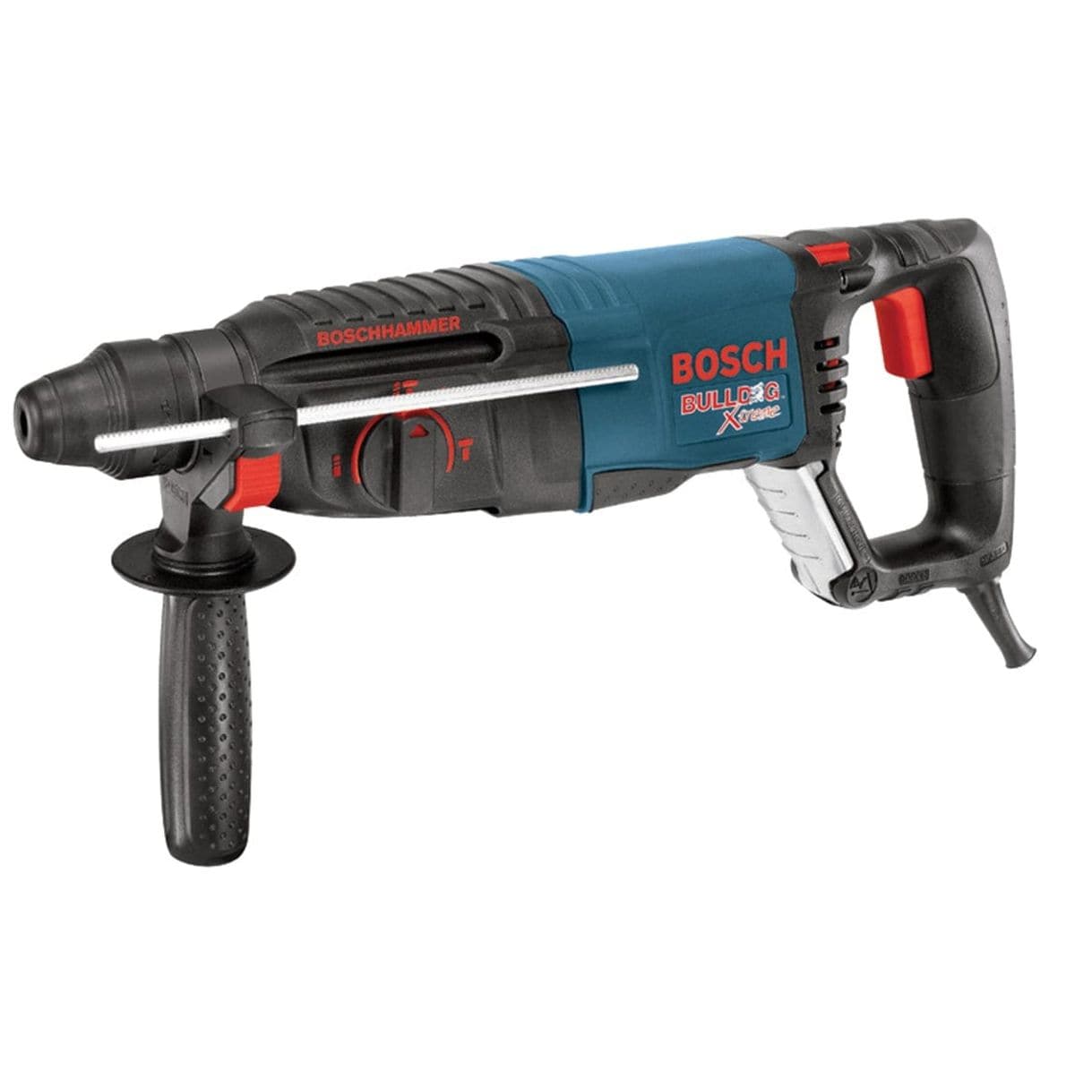 A studio shot of the Bosch 11255VSR Bulldog Xtreme rotary hammer featuring a blue and black body, a D-handle rear grip, and a side auxiliary handle.