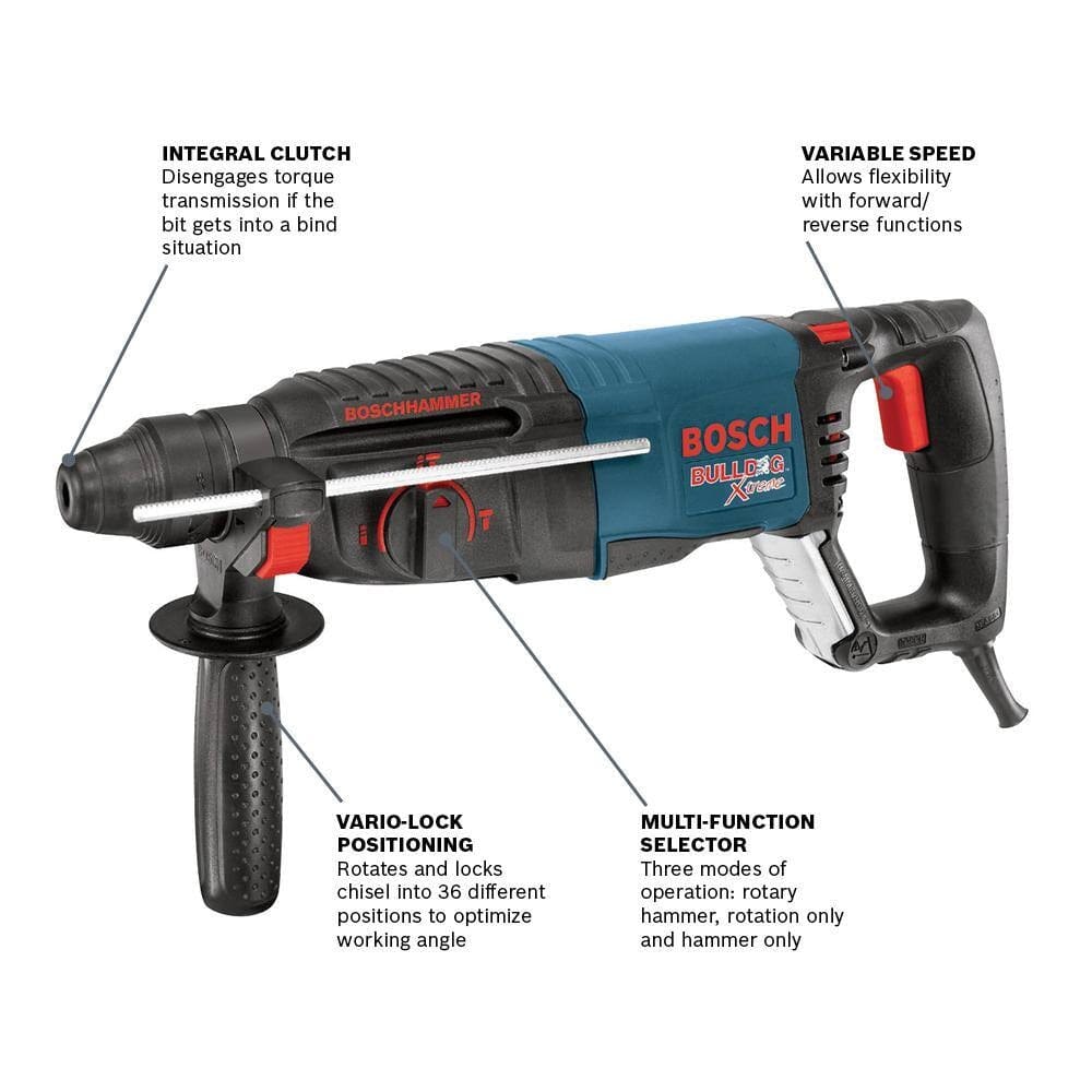 An informational diagram of the rotary hammer highlighting key features such as the multi-function selector, variable-speed trigger, Vario-Lock positioning, and integral clutch.