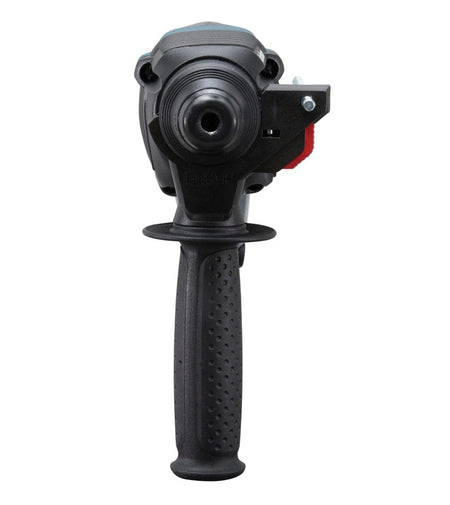 Front-facing view of the tool focusing on the SDS-plus keyless chuck, the side handle grip texture, and the depth gauge mounting point.
