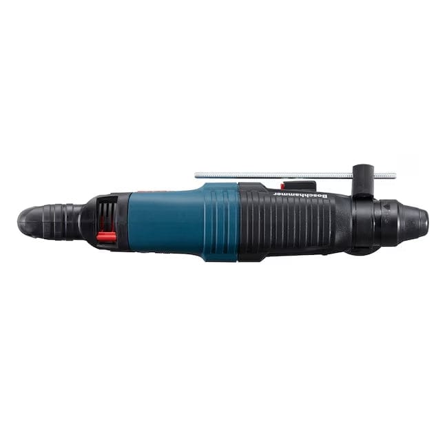 Top-down view of the rotary hammer displaying the slim profile, the depth gauge rod extending parallel to the body, and the ventilation slots on the motor housing.