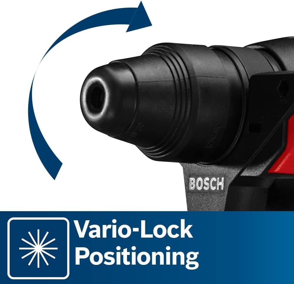 A close-up graphic illustrating the Vario-Lock positioning feature, showing the chuck rotating to adjust the angle of a flat chisel bit.