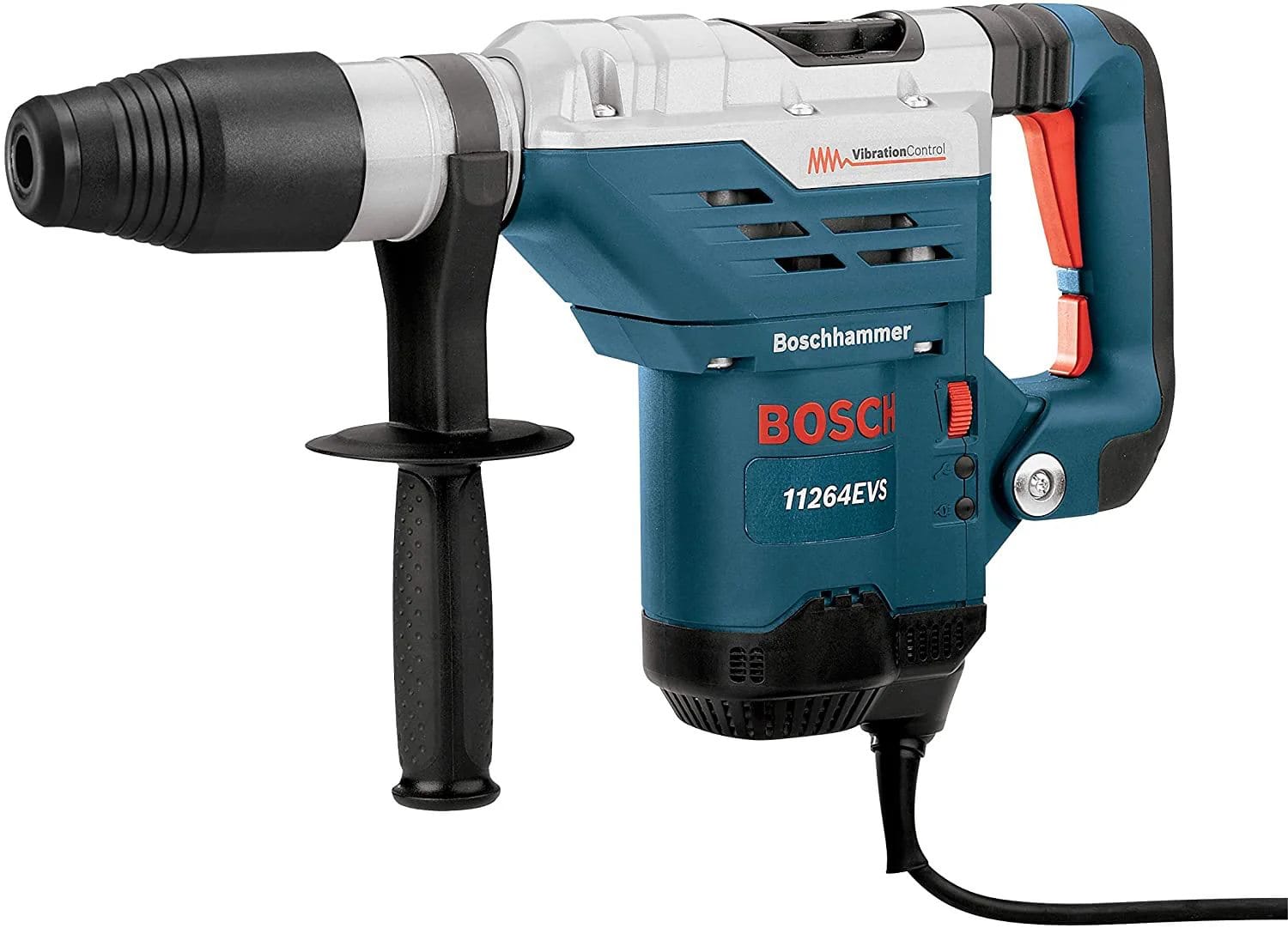 A studio shot of the Bosch 11264EVS SDS-max combination hammer featuring a blue and silver body, side auxiliary handle, and vibration control rear handle.