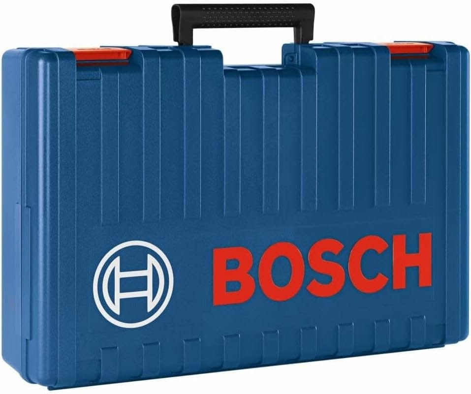 The durable blue hard plastic carrying case for the tool, featuring red latches, a black handle, and a large red Bosch logo on the front.