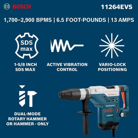 A performance graphic displaying icons for 1-5/8 inch SDS max capacity, active vibration control, Vario-Lock positioning, and dual-mode operation alongside impact energy stats.