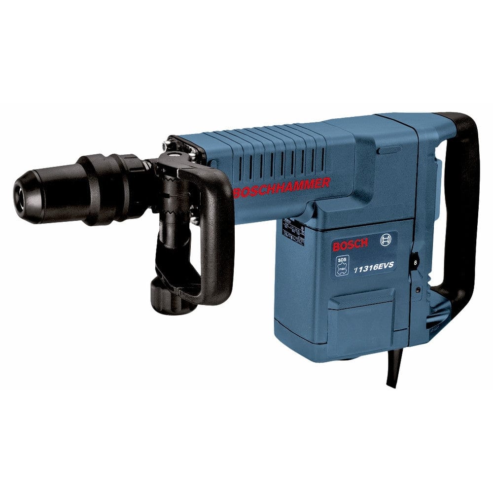 Studio product view of the Bosch 11316EVS-46 demolition hammer, featuring a blue body with a padded rear handle and a black 360-degree adjustable auxiliary handle.