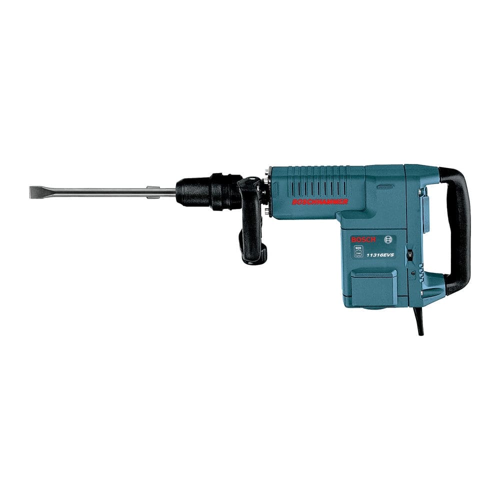 Profile view of the corded Bosch demolition hammer with a flat chisel bit inserted into the SDS-max tool holder, showcasing the variable speed dial on the side of the blue housing.