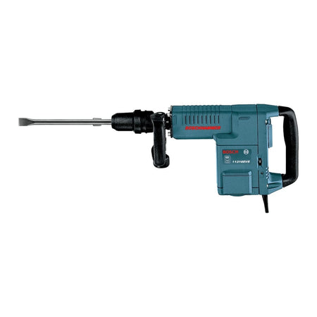 Profile view of the corded Bosch demolition hammer with a flat chisel bit inserted into the SDS-max tool holder, showcasing the variable speed dial on the side of the blue housing.