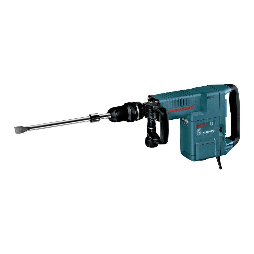 Angled view of the 14 Amp Bosch concrete breaker, illustrating the SDS-max chuck system and the ergonomic D-handle design for operator control.